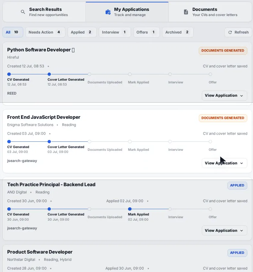 Job Seeker Copilot workspace showing applications and their progress
