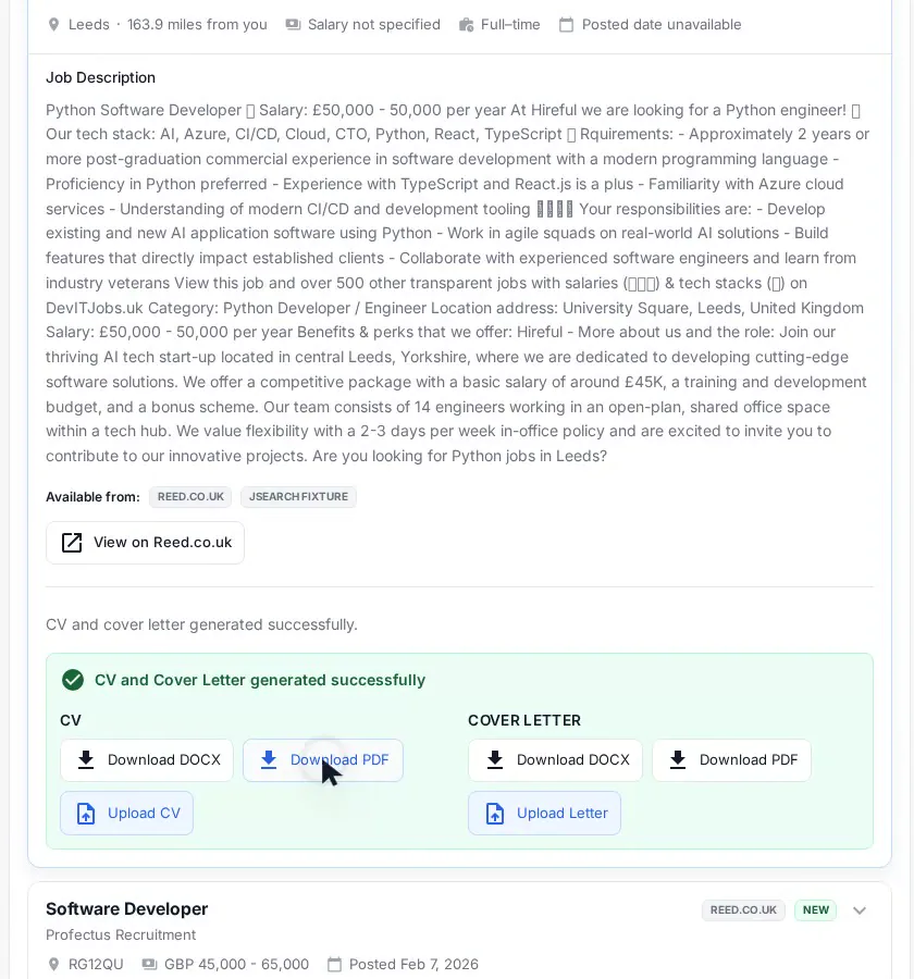A selected job showing its tailored CV and cover letter with download and replacement controls
