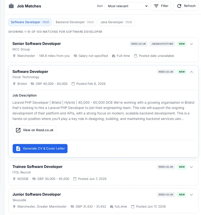 Job Seeker Copilot search results with a concise Software Developer vacancy expanded inside the page